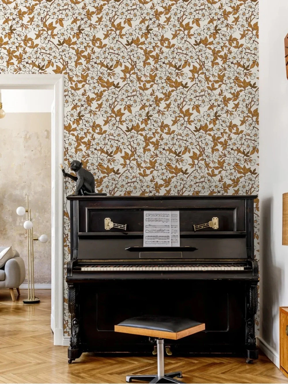 Wallblush Floral Vine Wallpaper Panel in White and Mustard - Home Wall Decor